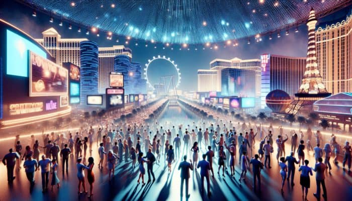A lively Las Vegas night scene showcasing individuals enjoying bundled entertainment deals, including a show, dining, and the High Roller Observation Wheel, all illuminated by vibrant neon lights.