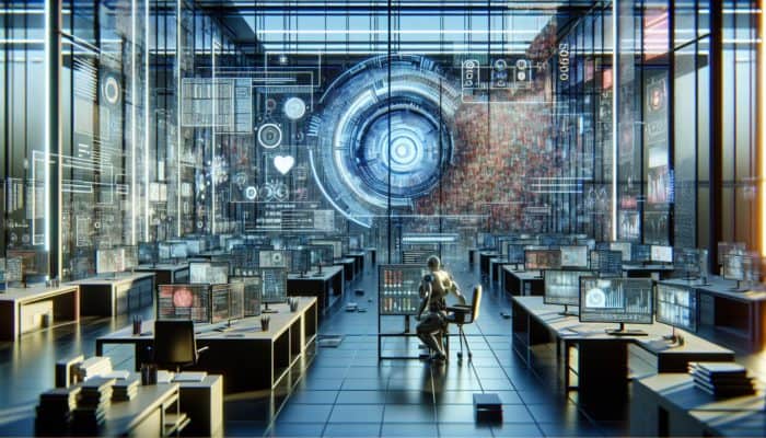 AI in a futuristic lab analysing SERP data, revealing biases in graphs while grappling with human emotions and cultural contexts.