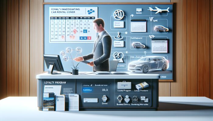 Individual negotiating at a car rental counter with travel materials and loyalty cards on the desk.