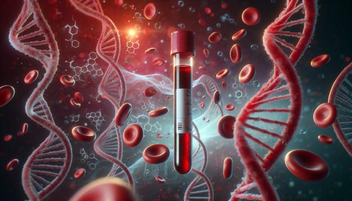 A blood sample tube labelled "Vitamin B12 Test" against a backdrop of red blood cells and DNA strands.