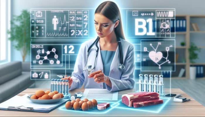 Healthcare provider reviewing B12 test results, customising treatment with B12-rich foods and injections.