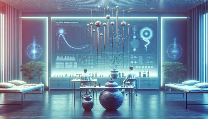 UK clinic showcasing acupuncture's effectiveness for vertigo relief, blending modern research with traditional Chinese elements.