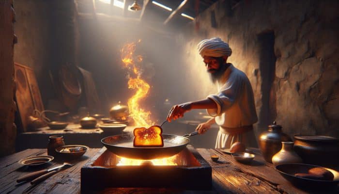 A chef toasting bread in a frying pan with flames, in a rustic kitchen.
