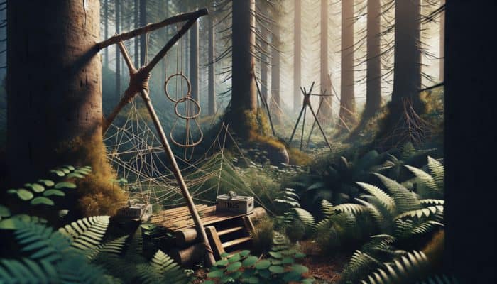 A wilderness scene featuring various DIY survival traps like twine snares and gravity-powered deadfall traps, artistically arranged among trees and underbrush.