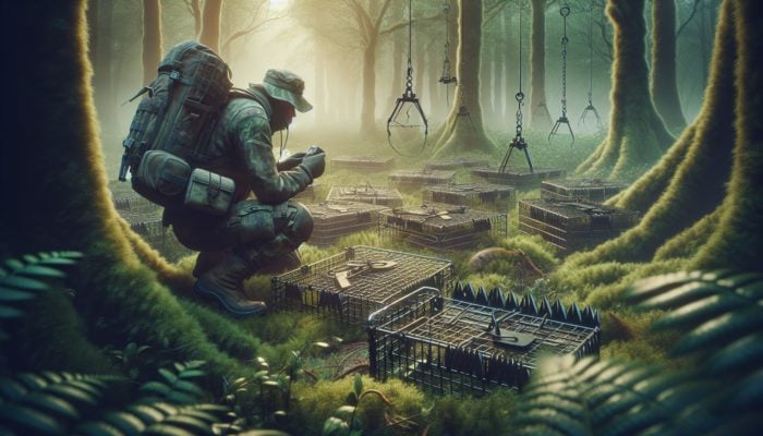Individual in rugged attire examining and repairing animal traps in a misty forest to ensure humane operation.