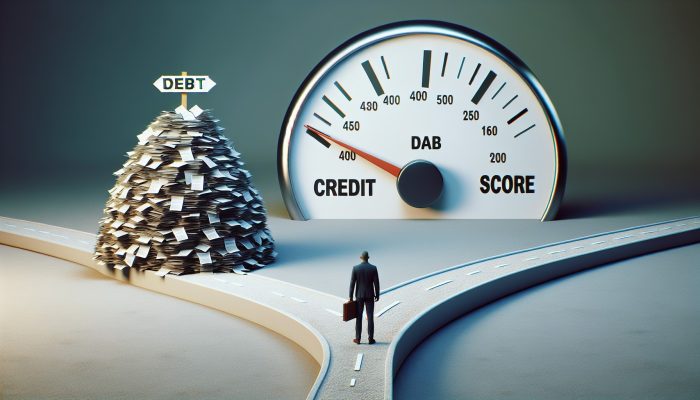 Debt Consolidation vs Selling Assets to Pay Debt: UK Guide | DCL A person at a crossroads choosing between a stack of bills and a single loan document, with a credit score gauge.