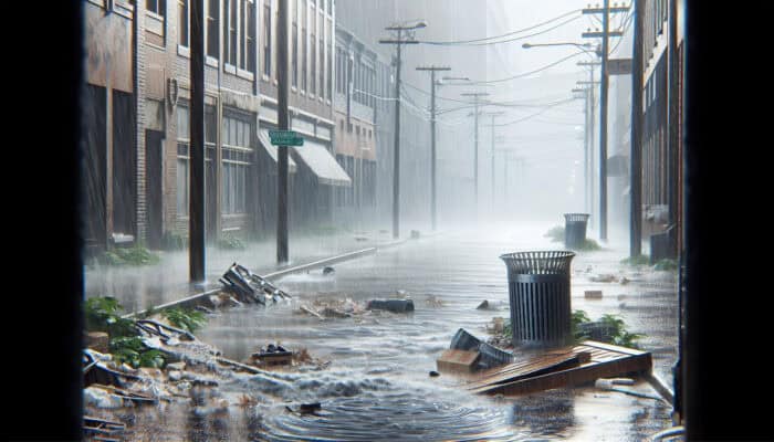 Catch Basin Drainage Services in Richmond BC: A flooded urban street in Richmond with slow-draining water, standing puddles, and debris around a neglected catch basin under heavy rain.