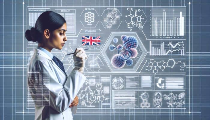 A woman in a lab coat examines a biochemical model, surrounded by charts and ethical guidelines, symbolising biohacking risks in the UK.