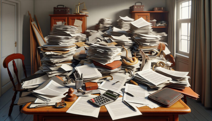 A cluttered desk with legal documents, calculator, and pen, representing legal costs of house clearance.