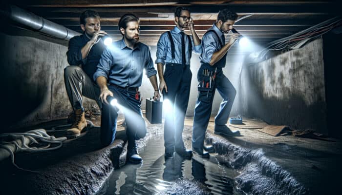 A team inspecting a damp crawl space, assessing water issues and planning drainage improvements.