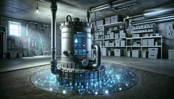 Smart sump pump with Wi-Fi in modern crawl space, surrounded by advanced waterproofing, showing digital moisture and performance data.