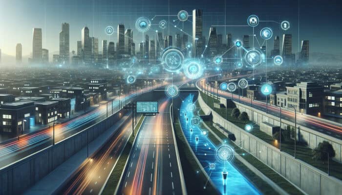 Futuristic urban landscape with smart drainage systems and IoT sensors monitoring water levels.