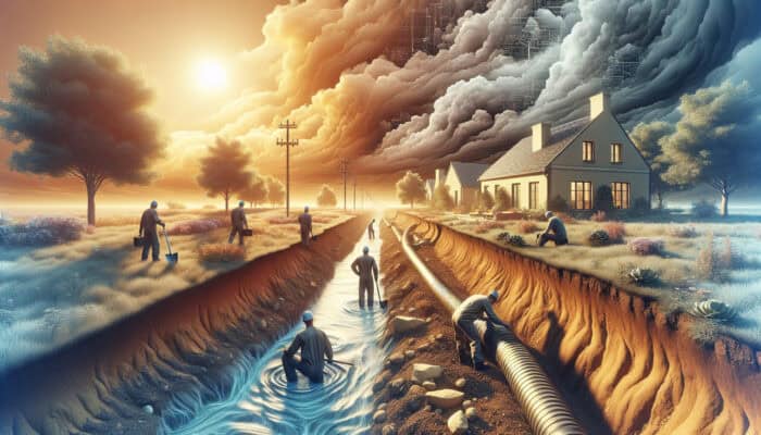 Professionals assessing a clay soil property, installing a French drain system.