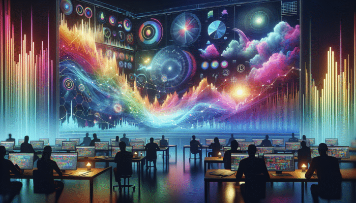 Live dashboard showing real-time stock market and weather updates with dynamic, colorful graphs.