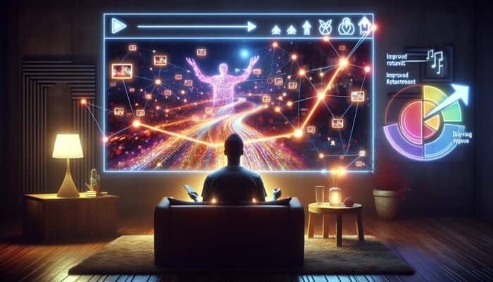 A viewer engaged with a playlist on a screen, graphs illustrating increased retention, in a comfortable room.