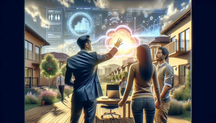 A local estate agent guiding a couple through mid-level properties in Centurion on a sunny day.