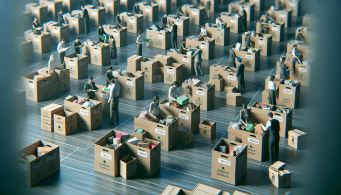 Professionals sorting personal items into labeled boxes, recycling, symbolizing fresh start and emotional relief in a serene room during house clearance.