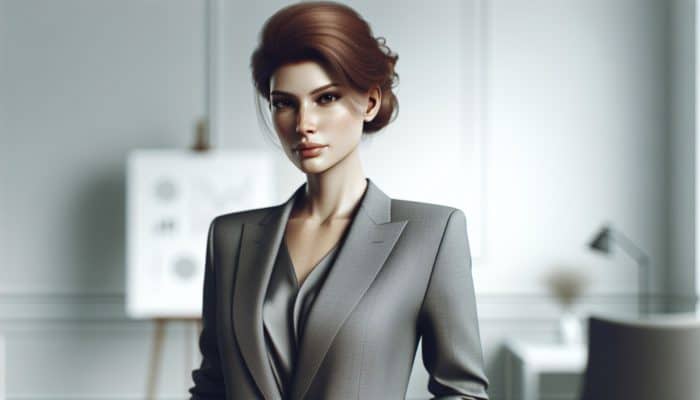 A woman with muted auburn hair in a chic updo, wearing an elegant gray suit, in a minimalist room.