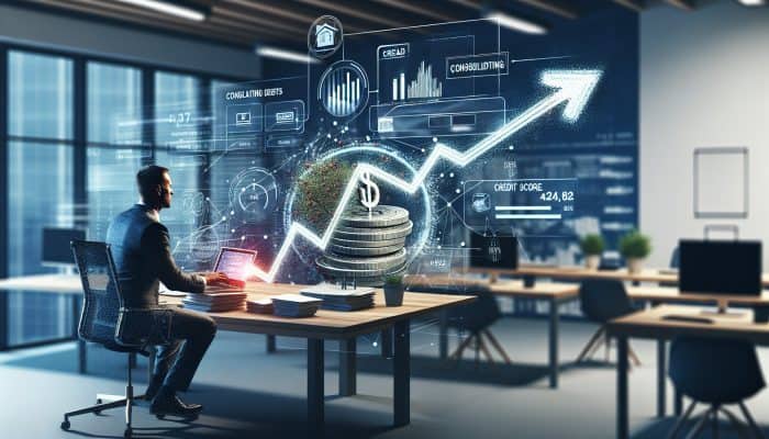 Can Debt Consolidation Boost Your Credit Fast: UK Guide | DCL Person managing finances, consolidating debts, improving credit score, symbolised by rising graph and clear path in modern office.