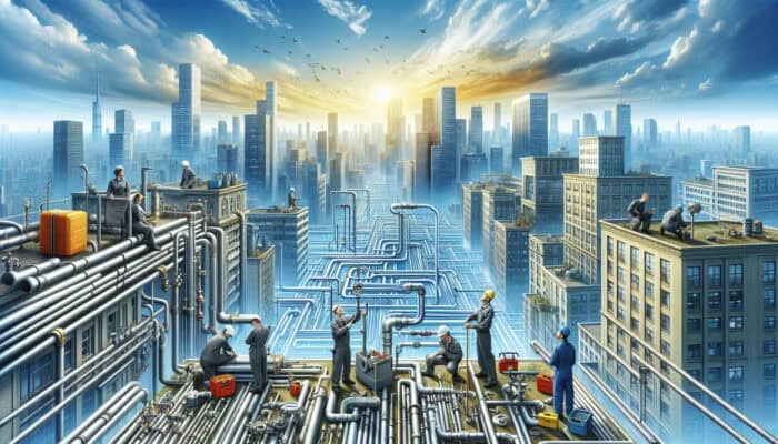 The skyline of Langley featuring modern commercial buildings, highlighting visible plumbing systems and expert plumbers at work.
