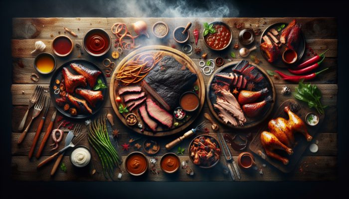 BBQ feast featuring Texas brisket, Carolina pulled pork, and chicken, highlighting regional American culinary traditions.