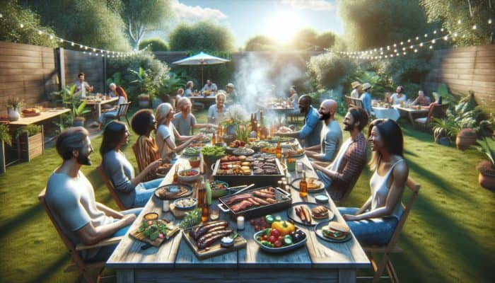 A vibrant BBQ setup showcasing grilled meats, colourful sides, and friends enjoying a feast in a sunlit backyard.