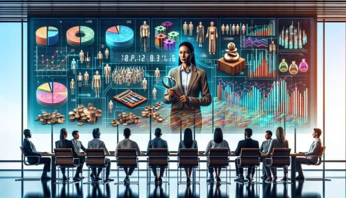 Local economist analysing economic data on screen, with graphs and charts, in a modern conference room with diverse group.