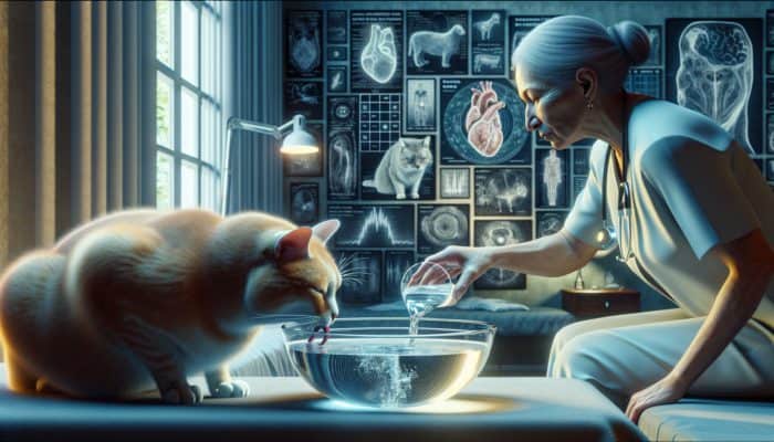 An elderly cat drinking water, vet monitoring hydration with a device in a cosy, well-lit room with health charts.