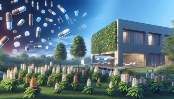 A garden with St. John's Wort next to a modern pharmacy, symbolising a combined approach to treating depression.