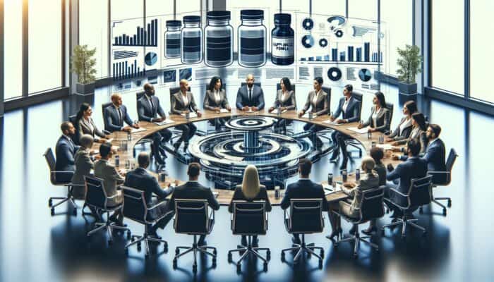 Industry experts and consumers reviewing supplement bundle promotions in a modern meeting room with charts and product samples.