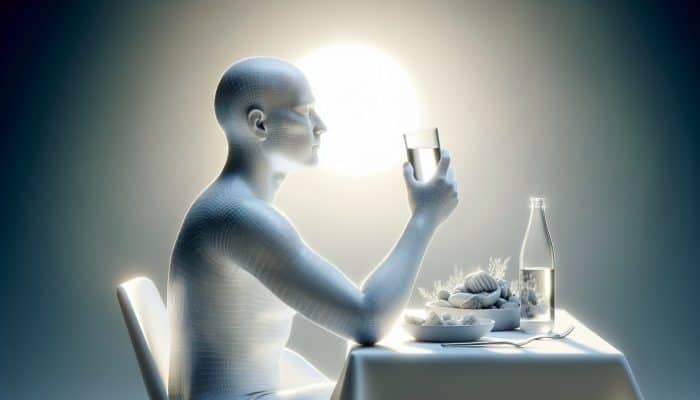 Person fasting for cholesterol test, sitting with water, clock showing 9-12 hours, avoiding food and alcohol.