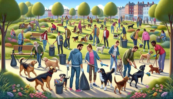 Dogs and owners at a community cleanup, enhancing training and social skills in a park.