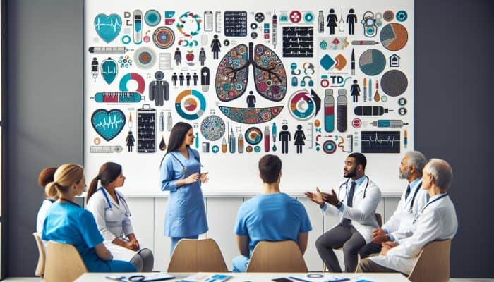 Diverse healthcare team discussing diabetes management with a patient in a modern clinic, surrounded by educational materials.