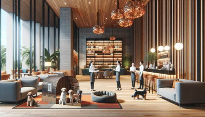 A welcoming hotel lobby featuring a pet-friendly area, including a pet spa and dog beds, with staff engaging guests and their pets.