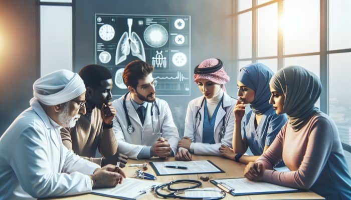 A diverse group of UK healthcare professionals supporting a woman in quitting smoking with personalized strategies.