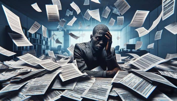 Debt Consolidation Loan Default Consequences: UK Impact | DCL Debt Consolidation Loan Default Consequences: A distressed person amidst overdue bills and legal notices in a gloomy financial office, illustrating loan default consequences.