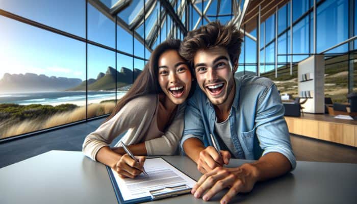 Young couple signing mortgage papers at a modern bank in Knysna, with a coastal view.