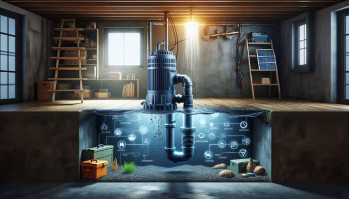 Basement with sump pump installed, actively pumping out water to prevent damage and ensure dryness.