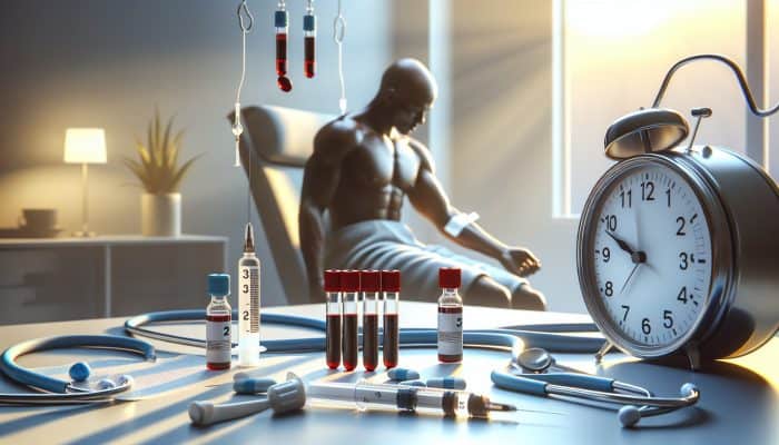 Person having blood drawn for testosterone test in morning, surrounded by medical equipment and clock.