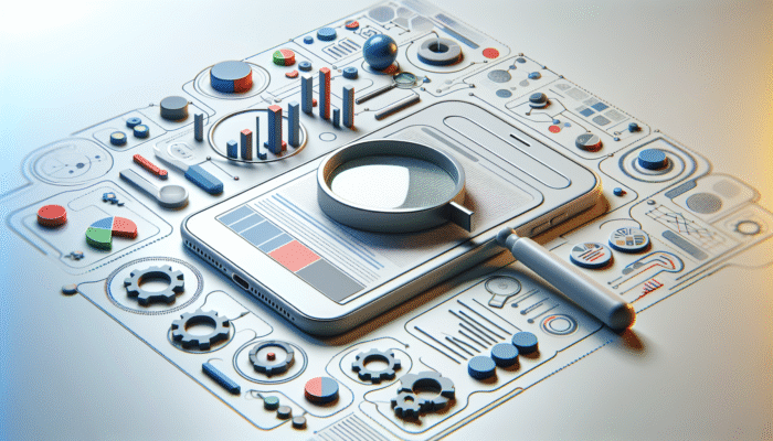 Smartphone displaying search results with optimised title tags, featuring magnifying glasses and graphs for mobile search optimisation.