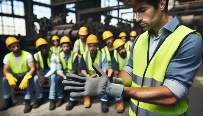 Safety Gloves in Heswall: A safety expert in Heswall demonstrates the correct fit of safety gloves to workers in an industrial setting.