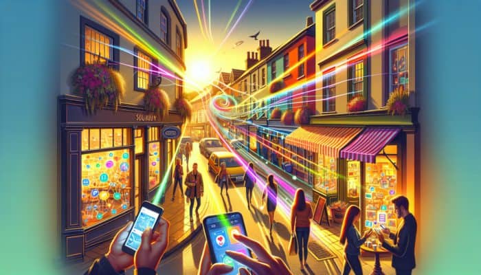 A vibrant street in Ottery St Mary with businesses, a smartphone showing an optimized website, and local customers engaging digitally.