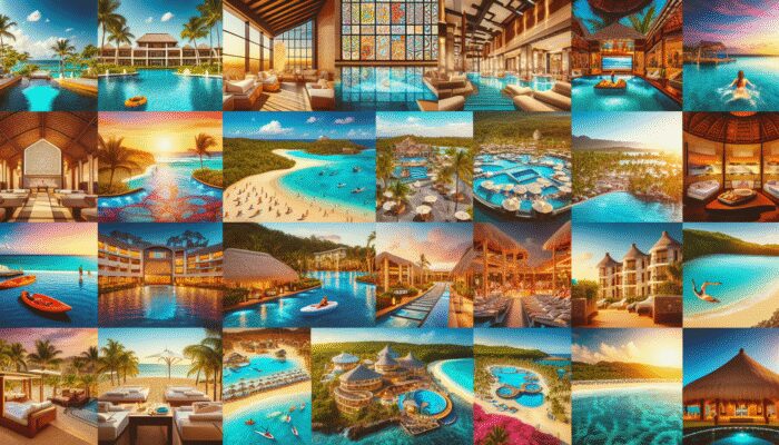 Collage of all-inclusive resorts in the Caribbean, Mexico, and Hawaii, showcasing amenities, beaches, and activities.