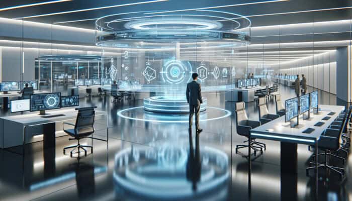 A futuristic office with holographic screens and a human virtual assistant customising training modules.
