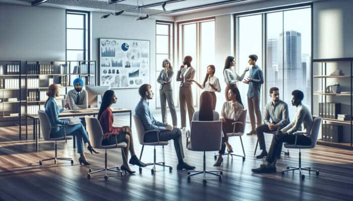 A diverse team in a modern office engaged in a constructive conflict resolution meeting with a mediator.