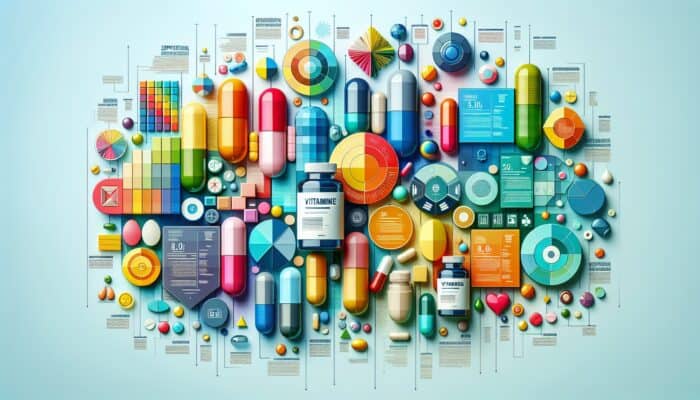 Colourful infographic containing tips on creating supplement-centric content, illustrating vitamins and capsules.