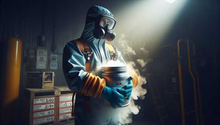 Person in protective gear safely handling liquid nitrogen container.