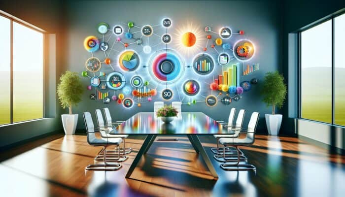 A digital dashboard displaying SEO metrics including organic traffic, keyword rankings, and conversion rates, featuring logos of Google Analytics, Ahrefs, and SEMrush.