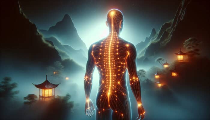 Illustration of human body with luminous acupuncture meridians, set against a tranquil Chinese landscape.