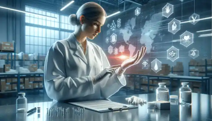 A healthcare professional assessing sterile gloves in a modern Ashford warehouse, alongside analytical charts and supplier logos.